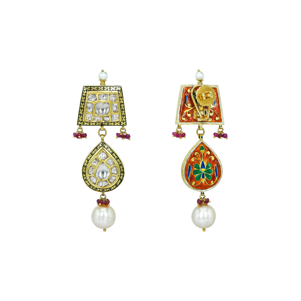 Geometric Polki Earrings with Ruby Beads, Partash work, and Pearls